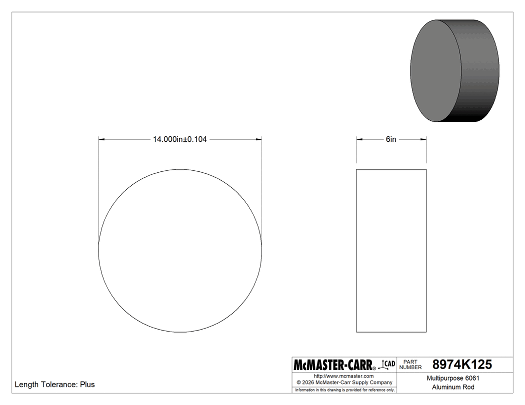 Technical Drawing of Multipurpose 6061 Aluminum Rod, 14" Diameter x 1/2 Foot Long.